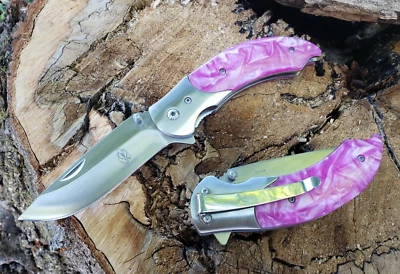 Faca de bolso feminina rosa mármore design redemoinho prata com mola assistida EDC 5,5 oz - Imagem 1 de 4