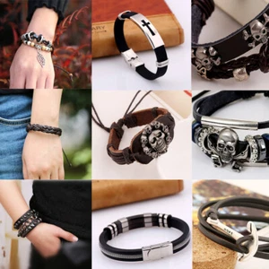Black Adjustable Leather Wristband Bracelet Mens Womens Teens Boys Girls - Picture 1 of 100