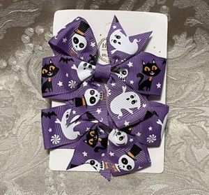 Purple Halloween Ghost Hair Bow Clip Grosgrain Ribbon Girl Hair Barrette Set - Picture 1 of 3