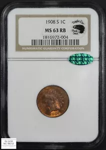 1908 S Indian Head Copper Cent 1C Red-Brown NGC MS 63 RB CAC - Picture 1 of 6