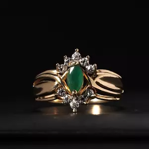 Natural Green Emerald & Diamond Marquise Bypass Ring 14K Yellow Gold Size Q / 8 - Picture 1 of 10