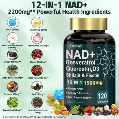 NAD supplement, 1500mg resveratrol containing supplement, 120 capsules USA Ship - Image 1 of 4