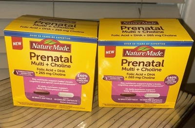 Ácido fólico multicolina prenatal hecho en la naturaleza DHA 60 cápsulas blandas 60 cápsulas 2 cajas 25/09 Foto 1 de 4