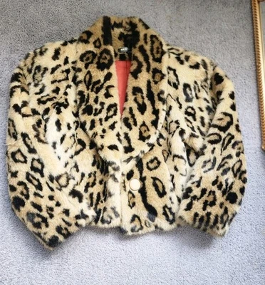 Vintage Y2K Brown Leopard Print Faux Fur Collared Cropped Jacket Small Size USA  - Image 1 of 4