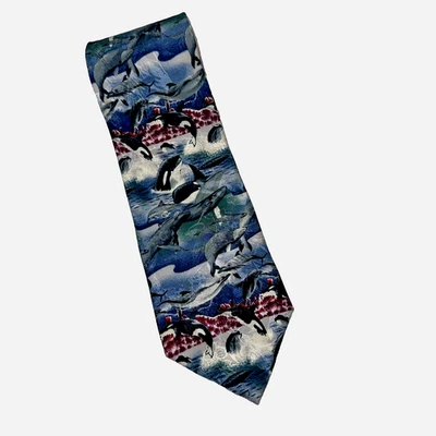 Wembley Endangered Specie Orca Silk Tie USA  Marine Life Statement Accessory VTG - Image 1 of 4