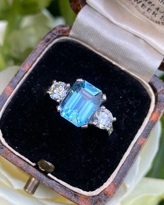 Aquamarine and Diamond Three Stone Platinum Ring 0.90ct + 2.90ct - Image 1 of 4
