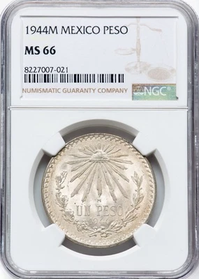 1944M - Mexico Silver Un Peso - NGC MS 66 - Silver Cartwheel Luster - Image 1 of 2