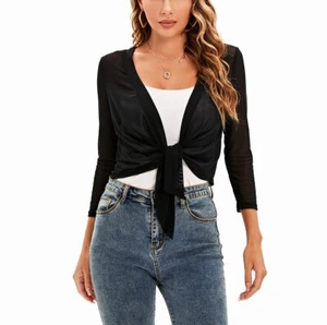 Womens Tie Top 3/4 Sleeve Shrug Bolero Cardigan Lightweight Shrug Black - Picture 1 of 6
