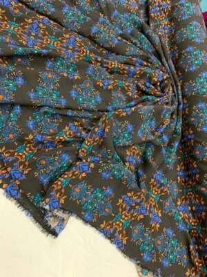 Rayon Challis Large Paisley Boho Pattern Orange Blue and Green on Black By Yard - Image 1 of 4