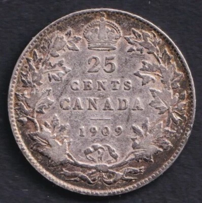 1909 Canada Silver Quarter 25 Twenty Five Cent Piece King Edward Key Date VF - Image 1 of 2