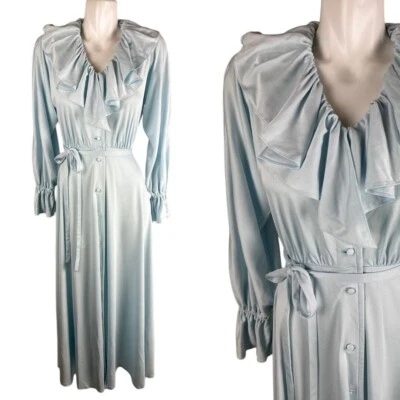 Maxi Bata Vestido De Colección Años 70 Azul Pastel Cuello Volantes Cinturón Disco Para Mujer Talla XS/S Foto 1 de 4