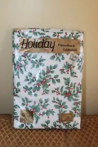 Vtg Elrene Holiday Flannel Backed Vinyl Tablecloth 52x70 Christmas Holly - Picture 1 of 3