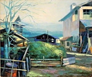 1970's Sylvano GAMBA Listed ITALIAN MODERN Landscape Sd ORIGINAL O/C FARMYARD - Picture 1 of 11