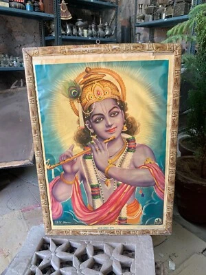 Antigua litografía religiosa hindú vintage de 1900 impresión del Señor Krishna enmarcada en madera Foto 1 de 4