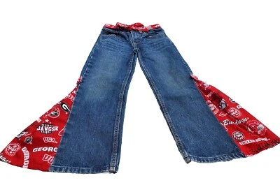 Jeans Demin para niñas talla 6 ajustados hechos a medida bordados Lego en la espalda pierna acampanada  Foto 1 de 3