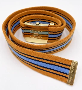 Vintage Tommy Hilfiger Canvas Ratchet Belt - Orange/Blau - Gold Logo Buckle - Bild 1 von 11