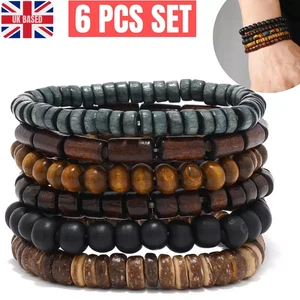 6pcs Set Mens Brown Black Beaded Vintage Wooden Wristband Bangle Bracelet Gift - Picture 1 of 6