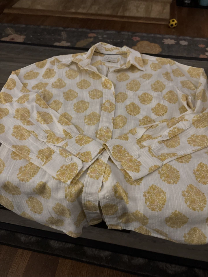J. Camisa Crew Tela Estampado Floral Abotonada Mujer Talla 4 Manga Larga Dorada Usada en Excelente Condición Foto 1 de 4