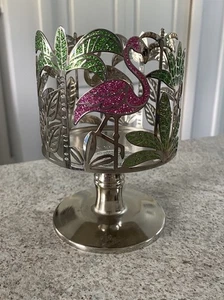 Bath & Body Works Pink Flamingos Palm Trees Pedestal 3-Wick Candle Holder Silver - Picture 1 of 8