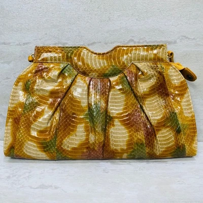 J Renee Vintage Snake Embossed Clutch Handbag Yellow Brown Green Crossbody - Image 1 of 4