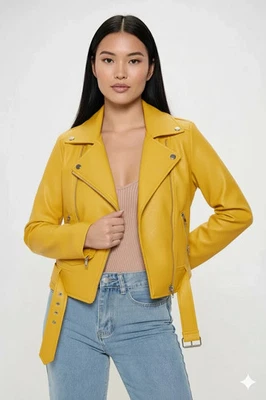 Elegante chaqueta de cuero de piel de cordero hecha a mano amarilla para mujer genuina informal Foto 1 de 4