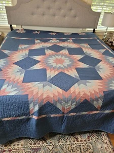 VTG Lone Star Quilt King Blue machine sewn HAND QUILTED 102x 109 READ Heirloom - Picture 1 of 11