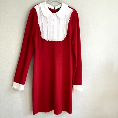 Vestido ModCloth Rojo Tejido XL Retro Modesto Elástico Blanco Encaje Babero Puños #MCK1911 Foto 1 de 4