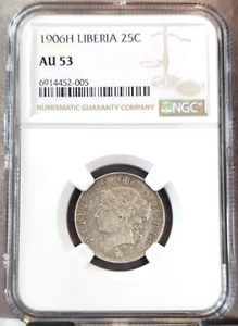 1906 LIBERIA SILVER 25 CENTS WOMAN WITH LAUREATE NGC AU 53 RARE LOW MINTAGE - Picture 1 of 3