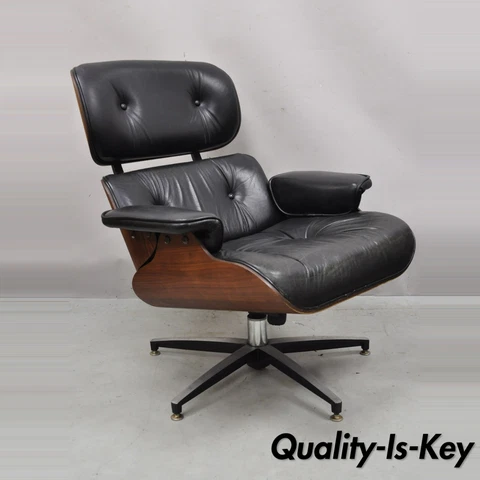 Vintage Selig Plycaft Black Leather Eames Style Walnut Swivel Tilt Lounge Chair Cover