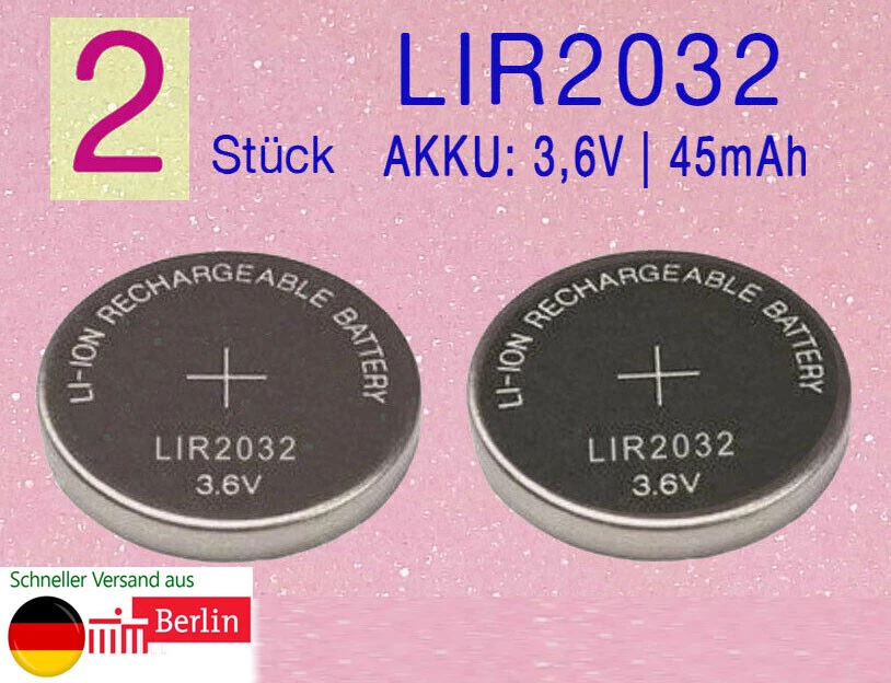 2 Sk. / pcs LIR2032 BATTERY 3.6V 40mah (like CR2032 - but rechargeable) Post from DE - Image 1 of 1