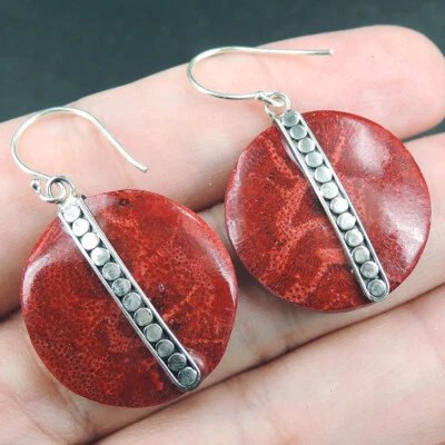Orecchini rotondi in argento sterling 925 corallo rosso naturale gioielli fat... - Immagine 1 di 4