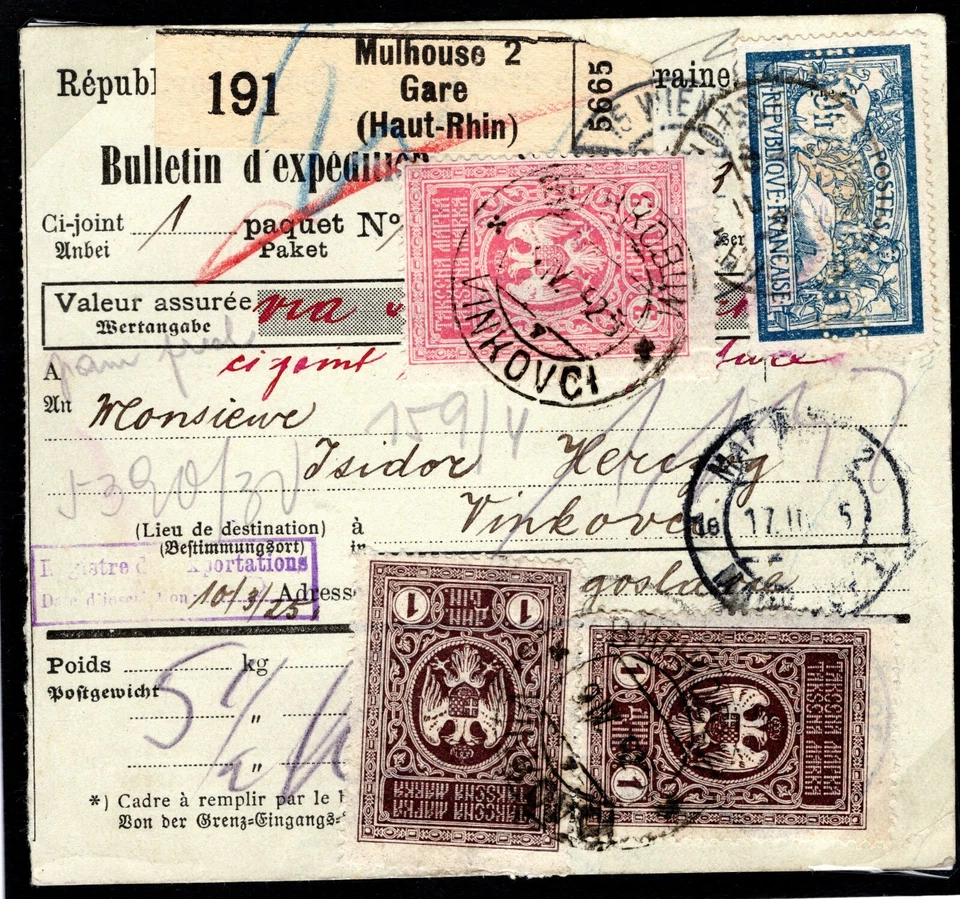 Tarjeta de paquete CROACIA FRANCIA ESTACIÓN DE FERROCARRIL franqueo mixto 1925 Vinkovci F298a Foto 1 de 4