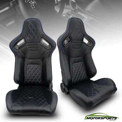 1 Pair Universal PVC Blue Strip Stitch Racing Bucket Seats Replacement Pair - Image 1 of 4