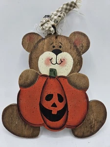 Wooden Craft TEDDY BEAR Holding a Pumpkin Hand-Painted Hanging Halloween Decor - Picture 1 of 5
