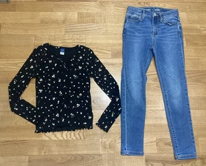 Girl's Old Navy Outfit Size 8 - Black Floral Ribbed Top w/Rockstar Jeggings EUC - Picture 1 of 7