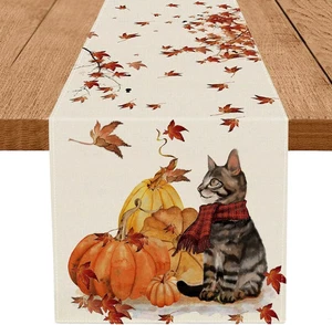 Herbst Tischläufer Kürbisse Katze Ahornblatt Herbst Ernte saisonal Erntedank D - Bild 1 von 1