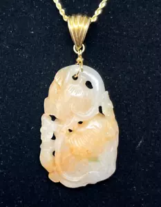 Litschi geschnitzt Pfirsich Ton Jade Verstärker Anhänger 14k Gold - Bild 1 von 6