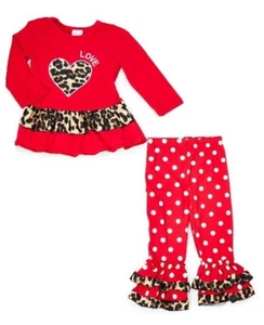 Royal Gem Red Cheetah 'Love' Tunic & Polka Dot Ruffle Leggings - Size 5t-7T, NEW - Picture 1 of 1