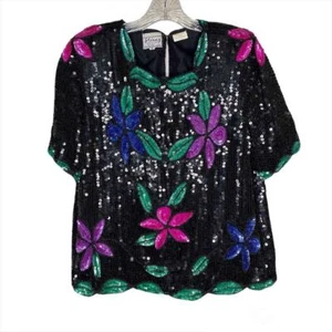Women's Vintage 80s 90s Stenay Sequin Vintage Silk Party Top Black Medium - Picture 1 of 7