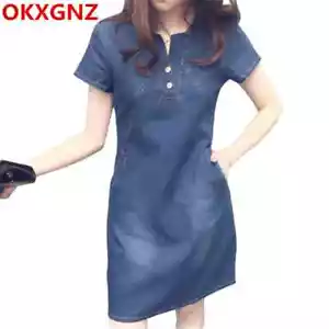 Korean Denim Dress For Women 2019 New Summer Casual Jeans Dress With Button - Picture 1 of 26