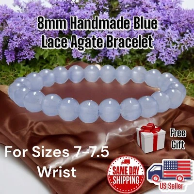 "Pulsera de cuentas curativas de cristal de 8 mm 7-7,5"" hecha a mano de ágata de encaje azul con regalo gratis" Foto 1 de 3