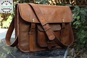 Mens Goat Leather Briefcase Vintage Brown Messenger Bag Shoulder Laptop Satchel - Picture 1 of 5