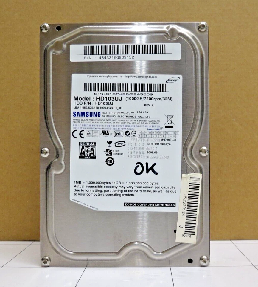 DISCO DURO SATA 3.5" SAMSUNG 1TB HD103UJ P/N: 484331GQ909152 2008.09 - Imagen 1 de 1