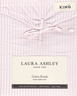 Laura Ashley Jaynie Tictac Rayas Algodón Percal KING CONJUNTO DE SÁBANAS ROSA BLANCO NUEVO Foto 1 de 4
