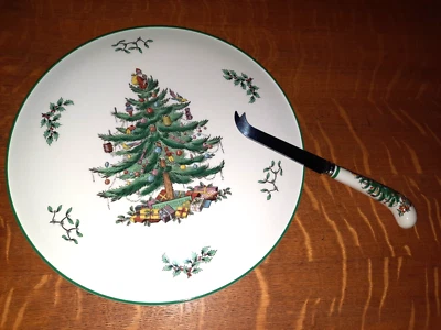 Spode Christmas Tree 11-1/2" Cake / Cheese Tray, w/Knife - Image 1 of 4