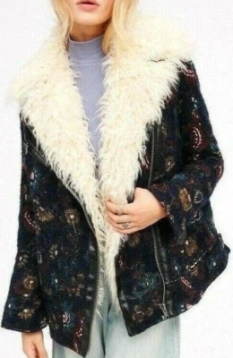 Free People Jacquard Wool Faux Fur Jacket Coat Navy Floral Tapestry OB524703 - Image 1 of 4