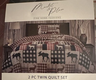 Rustic Quilt Bed Set Moose Cabin Lodge Coverlet Set Twin Size - Image 1 of 4