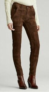Polo Ralph Lauren Suede Cargo Women Pant Leather Size 14 Brown