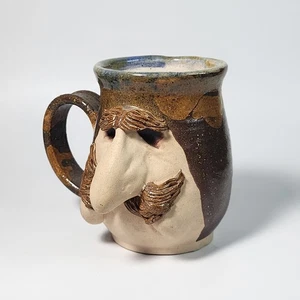 Vintage Handmade Pottery Stoneware Mustache Goofy Brown Glaze Ceramic Mug - Picture 1 of 11