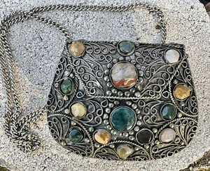 Vtg Sajai Metal Purse Handbag Natural Agate Stones Chain Strap Boho - Picture 1 of 6